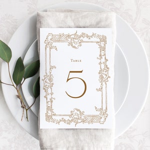 Modelo de números de mesa de casamento para impressão com moldura barroca dourada, cartões de sinalização de mesa pequenos editáveis, número de mesa 5x7 e 4x6