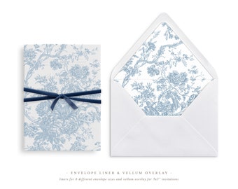 Printable Wedding Vellum Overlay and Envelope Liner for 5x7 Wedding Invitations Mini Bundle, Toile French Blue Design