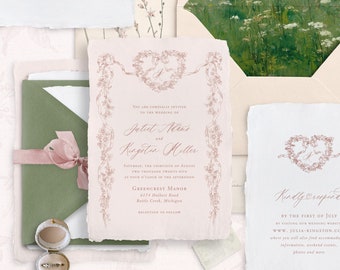 Printable Wedding Invitation Template Set with Wildflowers and Ribbon, Editable Vintage Invites Wedding Details and RSVP Cards, Cottagecore