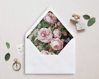 Printable Pink Rose Envelope Liner, Floral Wedding Envelope Liners, DIY Wedding Instant Download PDF Insert, Elegant Fine Art Stationery