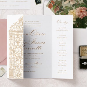 Romantische Hochzeitseinladung mit barockem Gartentor, gefaltete Hochzeitseinladungen zum Ausdrucken