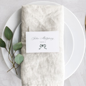 Plantilla de tarjeta de lugar para boda imprimible, disposición de mesa editable con opción de comida, tarjeta de nombre plegada plana con cinta navideña