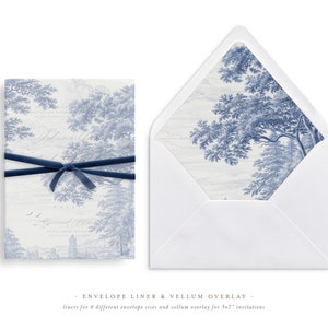 Druckbare Hochzeit Pergamin Overlay und Umschlag Liner für 5x7 Hochzeitseinladungen Mini Bundle, Toile Tree Print Delft Blue