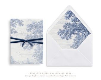 Printable Wedding Vellum Overlay and Envelope Liner for 5x7 Wedding Invitations Mini Bundle, Toile Tree Print Delft Blue