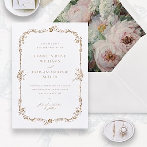 Plantilla imprimible para guardar la fecha de boda con marco de filigrana dorada, tarjeta STD vintage editable, anuncio elegante de fecha de boda / FF