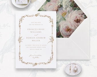 Printable Wedding Save the Date Template with Gold Filigree Frame, Editable Vintage STD Card, Elegant Wedding Date Announcement | FF