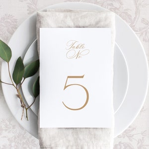 Plantilla de números de mesa de boda imprimible, tarjetas de letreros de mesa pequeños editables, número de mesa de caligrafía dorada clásica, CS
