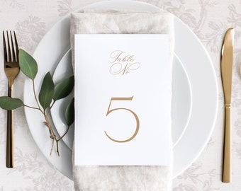 Printable Wedding Table Numbers Template, Editable Small Table Sign Cards, Classic Gold Calligraphy Table Number, CS