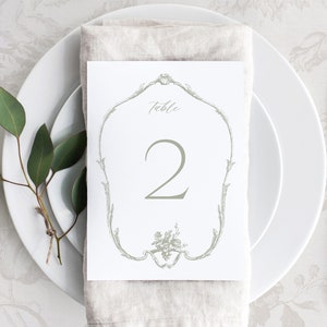 Modelo de números de mesa de casamento para impressão, cartões de sinalização de mesa pequenos editáveis com ornamentos de sálvia francesa, número de mesa 5x7 e 4x6, Avelyn