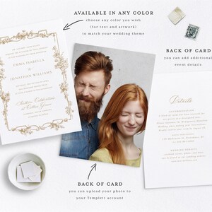 May include: A wedding invitation with a gold ornate frame and floral accents. The invitation is for Emma Isabella and Jonathan Williams. The back of the card has details about the wedding, including the location and website.