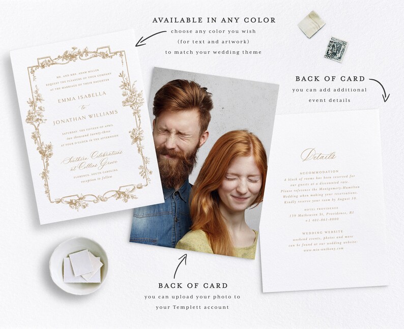 May include: A wedding invitation with a gold ornate frame and floral accents. The invitation is for Emma Isabella and Jonathan Williams. The back of the card has details about the wedding, including the location and website.