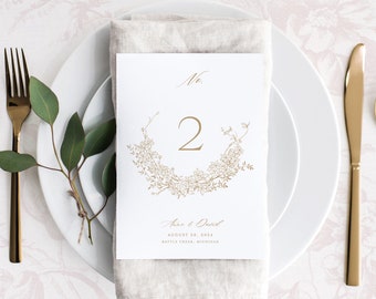 Printable Wedding Table Numbers Template, Editable Small Table Sign Cards with Gold Floral Wreath, 5x7 and 4x6 Table Number, Botanical