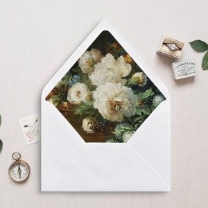 Printable Envelope Liner, A7, Euro Flap, Square Flap, 6.5 Square, A6, 5.75 Square, 4 Bar, for 5x7 Wedding Invitations, White Peonies