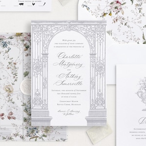 Druckbare Hochzeitseinladungsvorlage Set mit Schlosstorrahmen, bearbeitbare elegante Einladungen, klassische Hochzeitsdetails Antwortkarten