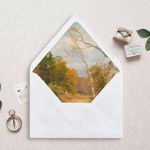 Druckbare Umschlagunterlage, A7, Euro Klappe, Quadratische Klappe, Herbstlandschaft für 5x7 Hochzeitseinladungen, Herbstwald