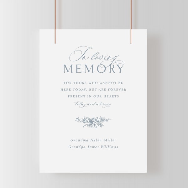 In Loving Memory Sign, Printable French Roses Wedding Sign Template with French Blue Roses, Editable Elegant Sign 8x10 | Emma