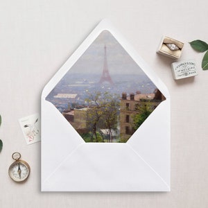 Druckbare Umschlagunterlage, A7, Euroklappe, quadratische Klappe, Stadtlandschaft für 13x18 Hochzeitseinladungen, Paris Panorama