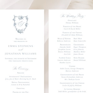 Modello di programma di nozze stampabile con rose francesi, ordine di servizio classico vintage modificabile, carta di cerimonia digitale Dusty Blue Emma