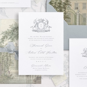 Ensemble de modèles imprimables de faire-part de mariage avec écusson royal avec licornes, invitations élégantes modifiables, cartes RSVP sur les détails du mariage classique