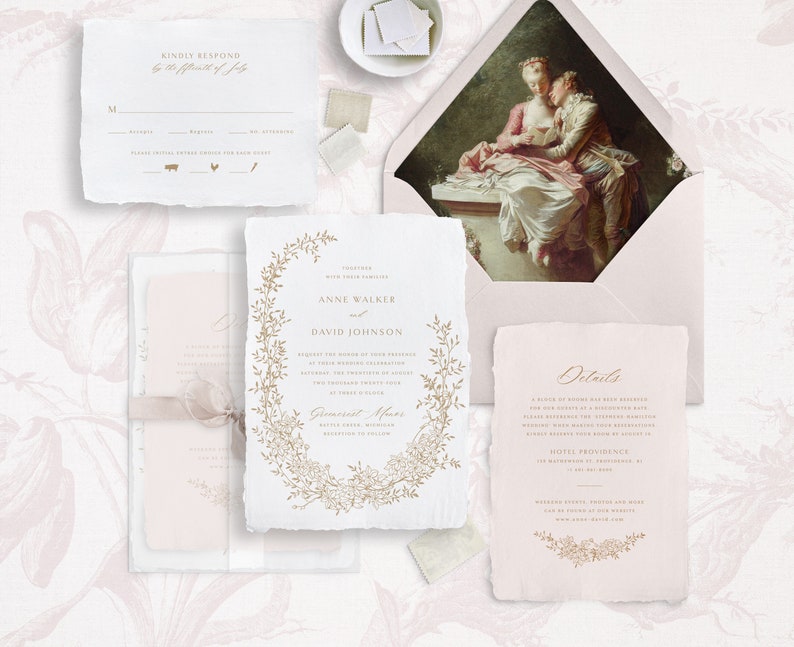 Printable Wedding Invitation Template Set with Floral Wreath, Editable Delicate Floral Invites Wedding Details and RSVP Cards Gold Botanical image 2