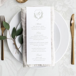 Printable Wedding Menu Card Template with Sage Crest Leaf, Editable Elegant Classic Dinner Drink Buffet Table Menus, Mia