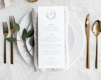 Printable Wedding Menu Card Template with Sage Crest Leaf, Editable Elegant Classic Dinner Drink Buffet Table Menus, Mia