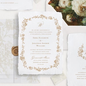 Hochzeitseinladung mit französischen Rosen, bearbeitbaren Vintage Classic Einladungskarten Set, Hochzeitsdetails und Antwortkarten Gold Emma