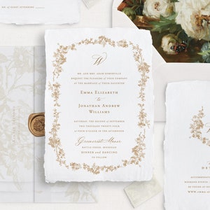 Printable Wedding Invitation Template Set with French Roses, Editable Vintage Classic Invites Wedding Details and RSVP Cards Gold Emma