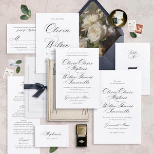 Elegantes Kalligraphie-Hochzeitseinladungs-Paket | Minimalistische schwarze Krawatte DIY bearbeitbares Briefpapier-Vorlagenset | Ausdruckbares Schilder für den Empfang