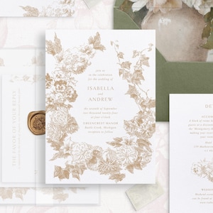 Printable Wedding Invitation Template Set with Vintage Florals, Editable Floral Invites Wedding Details and RSVP Cards Gold Botanical