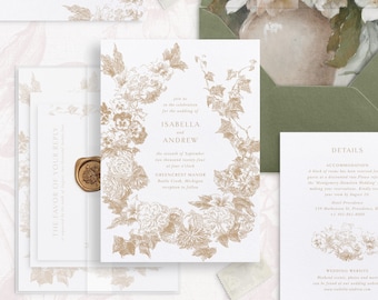 Printable Wedding Invitation Template Set with Vintage Florals, Editable Floral Invites Wedding Details and RSVP Cards Gold Botanical
