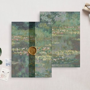 May include: A green and blue watercolor painting of water lilies and lily pads. The painting is framed in a white mat and has a gold wax seal on the bottom right corner.