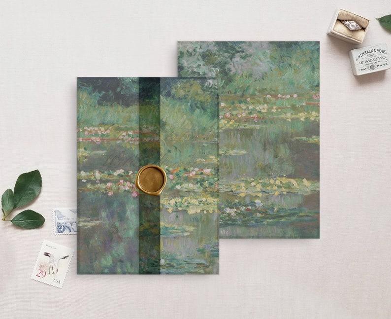 May include: A green and blue watercolor painting of water lilies and lily pads. The painting is framed in a white mat and has a gold wax seal on the bottom right corner.
