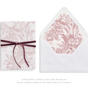 Druckbare Hochzeit Pergamin Overlay und Umschlag Liner für 5x7 Hochzeitseinladungen Mini Bundle, französische Rosen in Dusty Rose Farbe