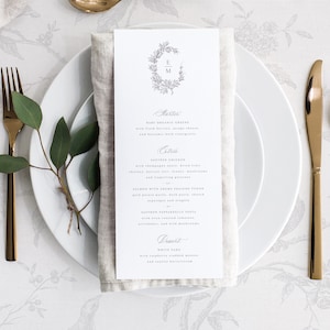 Printable Wedding Menu Card Template with Laurel Wreath Monogram, Editable Elegant Classic Dinner Drink Buffet Table Menus, Mia
