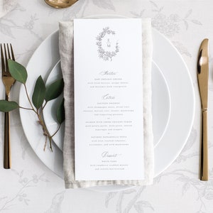 Druckbare Hochzeitsmenü-Kartenvorlage mit Lorbeerkranz-Monogramm, bearbeitbares elegantes klassisches Abendessen Getränke-Buffet-Tischmenüs, Mia