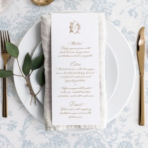 Afdrukbare kaartsjabloon bruiloftsmenu met Franse rozen, bewerkbare vintage klassiek diner en drankje buffet tafelmenu's, goud Emma