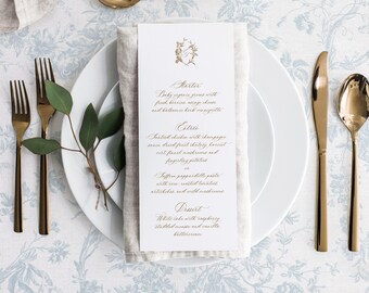 Printable Wedding Menu Card Template with French Roses, Editable Vintage Classic Dinner Drink Buffet Table Menus, Gold Emma