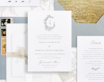 Printable Wedding Invitation Template Set with Laurel Wreath Monogram, Editable Elegant Invites, Classic Wedding Details RSVP Cards, Mia
