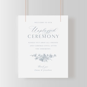 Unplugged Ceremony Sign, druckbare französische Rosen Hochzeitsschild Vorlage mit Staubblauen Rosen, bearbeitbares elegantes Schild 8x10 | Emma