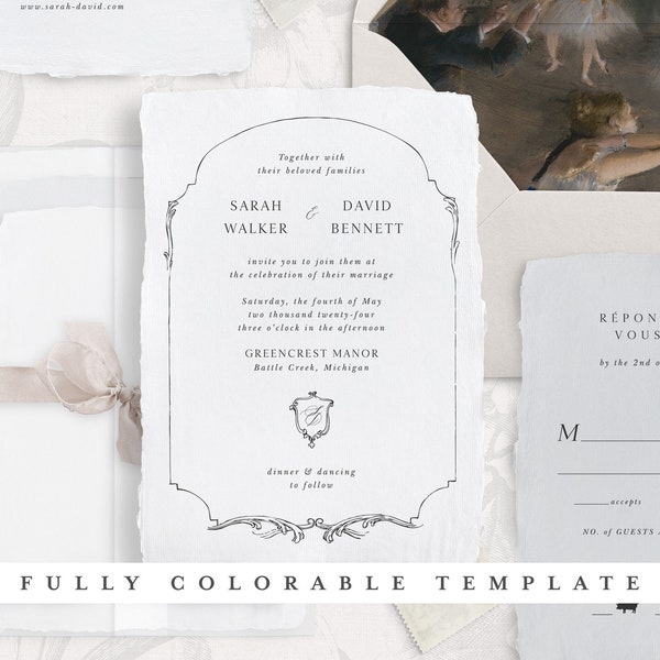 Modèle d’invitation de mariage imprimable avec cadre en filigrane simple, invitations élégantes modifiables, cartes RSVP de détails de mariage classiques