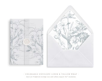 Colorable & Printable Wedding Vellum Wrap and Envelope Liner for 5x7 Wedding Invitations Mini Bundle, Vintage Jasmin Engraving Design