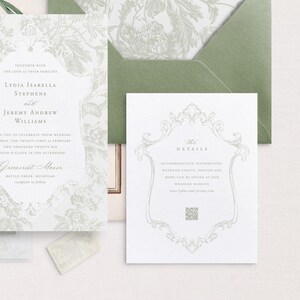May include: Wedding invitation with a floral design and a separate card with the details of the wedding. The invitation includes the names Lydia Isabella Stephens and Jeremy Andrew Williams, the date Saturday, the twenty-first of February, two thousand twenty-six, at four o'clock in the afternoon, and the location, Greenerit Manor, Battle Creek, Michigan. The details card includes the text "The Details" and the heading "Accommodation Information".