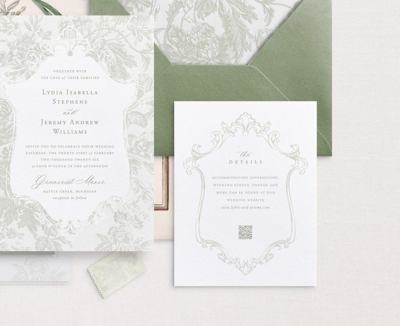May include: Wedding invitation with a floral design and a separate card with the details of the wedding. The invitation includes the names Lydia Isabella Stephens and Jeremy Andrew Williams, the date Saturday, the twenty-first of February, two thousand twenty-six, at four o'clock in the afternoon, and the location, Greenerit Manor, Battle Creek, Michigan. The details card includes the text "The Details" and the heading "Accommodation Information".