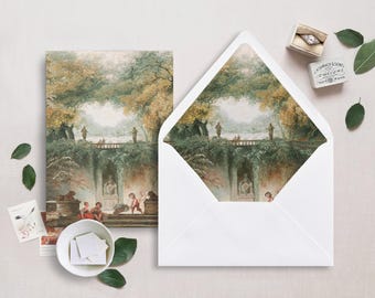 May include: A white envelope featuring a watercolour illustration of a garden scene. The illustration depicts a stone bridge, trees, and figures in a park setting. The envelope is blank and ready for addressing.