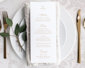 Printable Wedding Menu Card Template with Gold Calligraphy, Editable Elegant Classic Dinner Drink Buffet Table Menus, CS