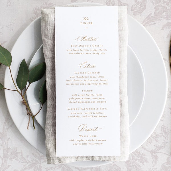 Printable Wedding Menu Card Template with Gold Calligraphy, Editable Elegant Classic Dinner Drink Buffet Table Menus, CS