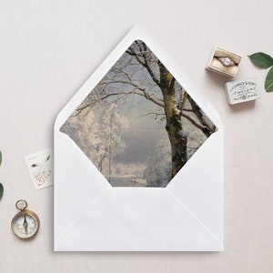 Druckbare Umschlagunterlage, A7, Euro Flap, Quadratische Klappe, Winter Landschaft Umschlag Liner für 5x7 Hochzeitseinladungen, Winterwald
