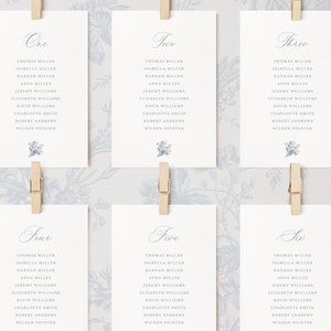 Printable French Roses Wedding Seating Chart Cards Template with Dusty Blue Florals, Editable Elegant Seating Chart Cards 5x7, 4x6 | Emma
