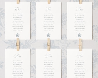 Printable French Roses Wedding Seating Chart Cards Template with Dusty Blue Florals, Editable Elegant Seating Chart Cards 5x7, 4x6 | Emma